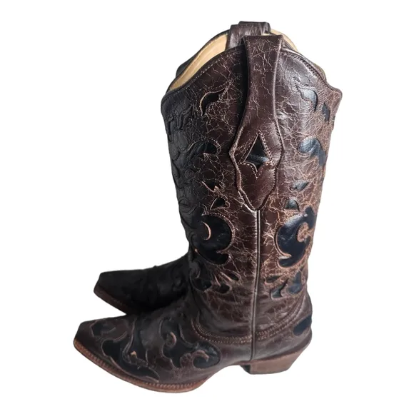 Corral Western Cowgirl Boots Brown &amp; Black Inlays WMN Size 8M Snip Toe C1957