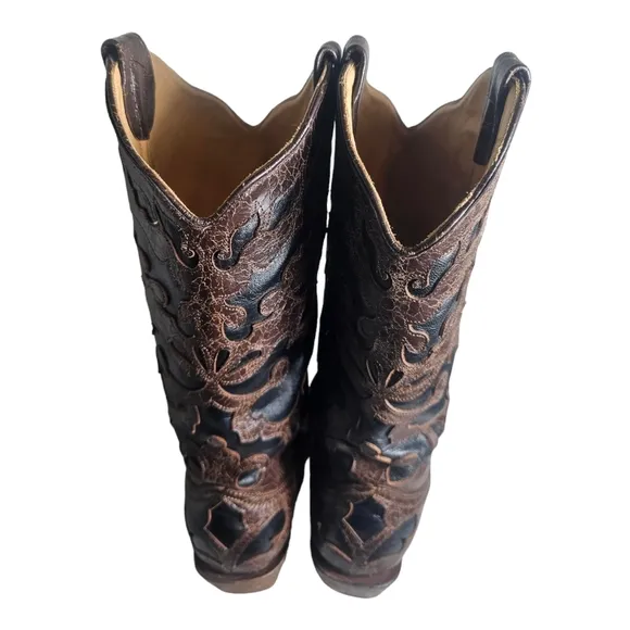 Corral Western Cowgirl Boots Brown &amp; Black Inlays WMN Size 8M Snip Toe C1957
