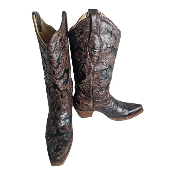 Corral Western Cowgirl Boots Brown &amp; Black Inlays WMN Size 8M Snip Toe C1957