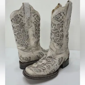 Corral White Glitter Inlay &amp; Crystals Square Toe Western Boots A3397 Size 7.5 M