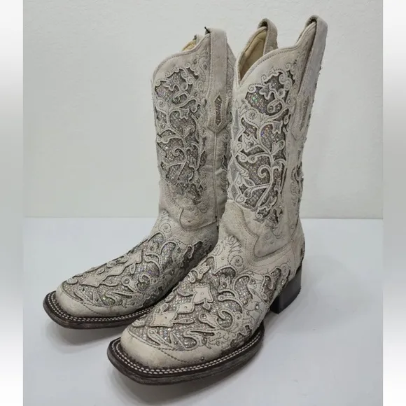Corral White Glitter Inlay &amp; Crystals Square Toe Western Boots A3397 Size 7.5 M
