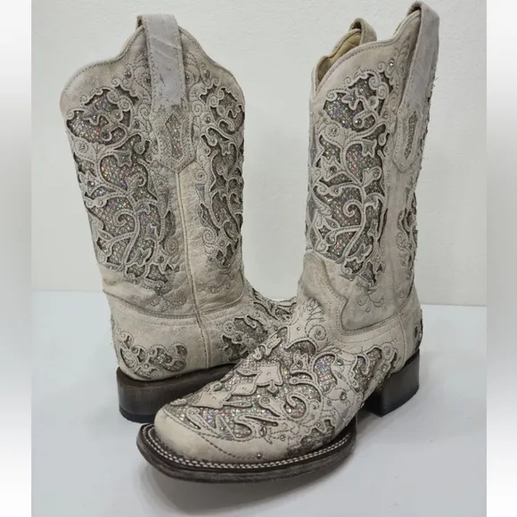 Corral White Glitter Inlay &amp; Crystals Square Toe Western Boots A3397 Size 7.5 M