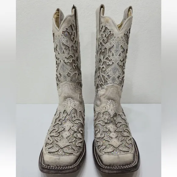 Corral White Glitter Inlay &amp; Crystals Square Toe Western Boots A3397 Size 7.5 M