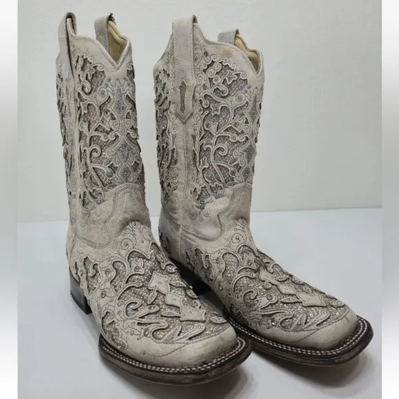 Corral White Glitter Inlay &amp; Crystals Square Toe Western Boots A3397 Size 7.5 M