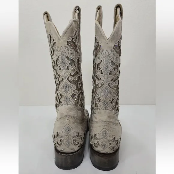 Corral White Glitter Inlay &amp; Crystals Square Toe Western Boots A3397 Size 7.5 M