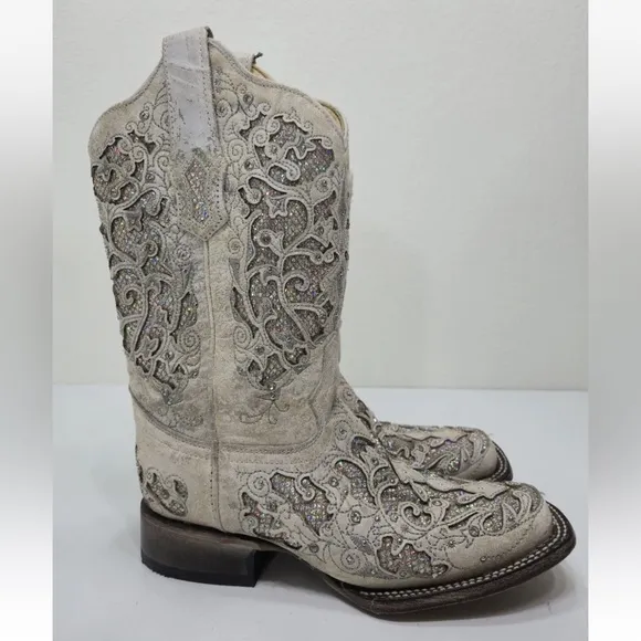 Corral White Glitter Inlay &amp; Crystals Square Toe Western Boots A3397 Size 7.5 M