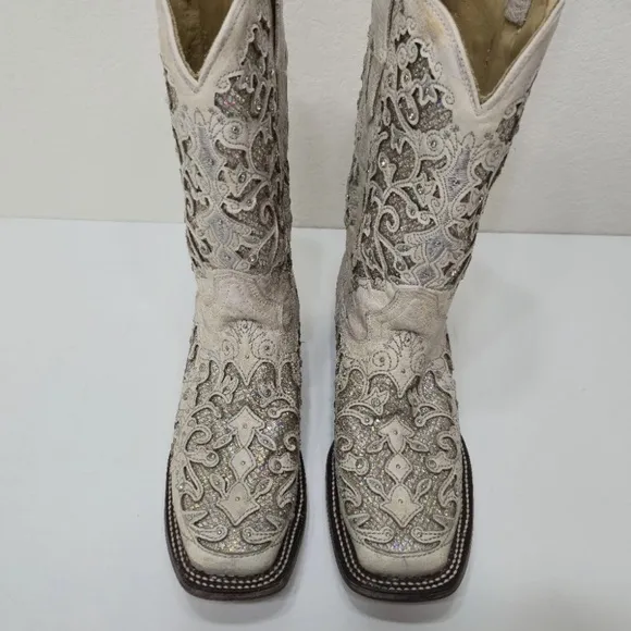 Corral White Glitter Inlay &amp; Crystals Square Toe Western Boots A3397 Size 7.5 M