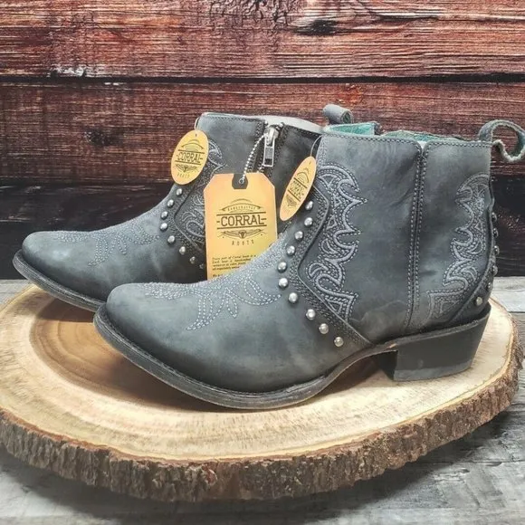 Corral Womens Size 6.5 M C3729 Embroidery And Stud Western Ankle Boots Gray $200