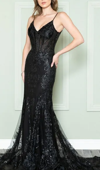 Corset style mermaid long glitter pattern gown