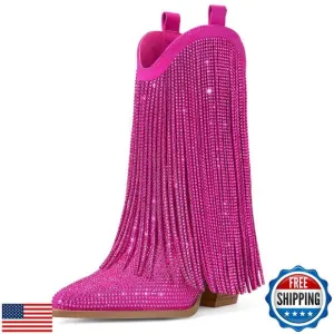 Cowboy Boots for Women - Pink Cowgirl Rhinestone Boots with Sparkly