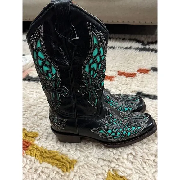 Cowgirl Western Leather Boots Black &amp; Teal Crosses &amp; Wings Women's‎ 8 / 8.5