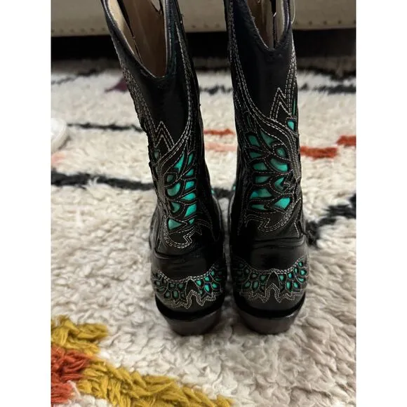 Cowgirl Western Leather Boots Black &amp; Teal Crosses &amp; Wings Women's‎ 8 / 8.5