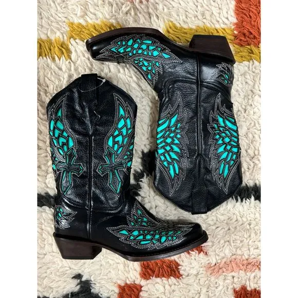 Cowgirl Western Leather Boots Black &amp; Teal Crosses &amp; Wings Women's‎ 8 / 8.5