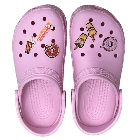 Crocs Pink Dunkin Donuts Charms Baya Clogs Comfortable Shoes Slip On Men’s 8