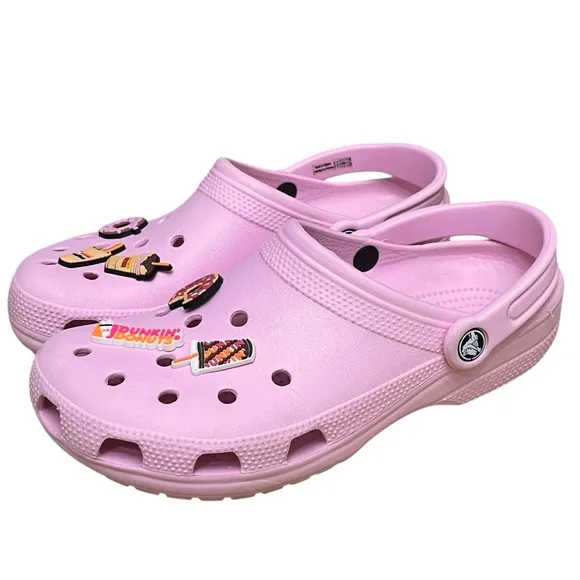 Crocs Pink Dunkin Donuts Charms Baya Clogs Comfortable Shoes Slip On Men’s 8