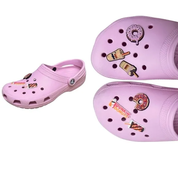 Crocs Pink Dunkin Donuts Charms Baya Clogs Comfortable Shoes Slip On Men’s 8