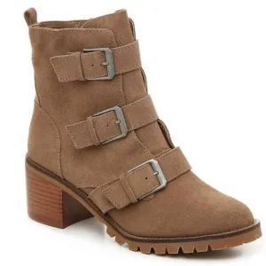 Crown Vintage Asisa Tan Suede Leather Triple Buckle Straps Moto Ankle Boots Sz 8