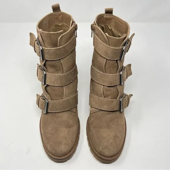 Crown Vintage Asisa Tan Suede Leather Triple Buckle Straps Moto Ankle Boots Sz 8