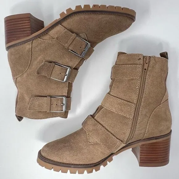 Crown Vintage Asisa Tan Suede Leather Triple Buckle Straps Moto Ankle Boots Sz 8