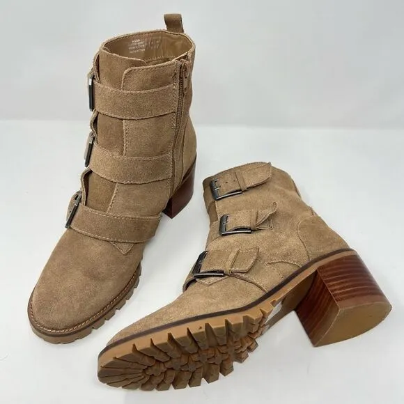 Crown Vintage Asisa Tan Suede Leather Triple Buckle Straps Moto Ankle Boots Sz 8