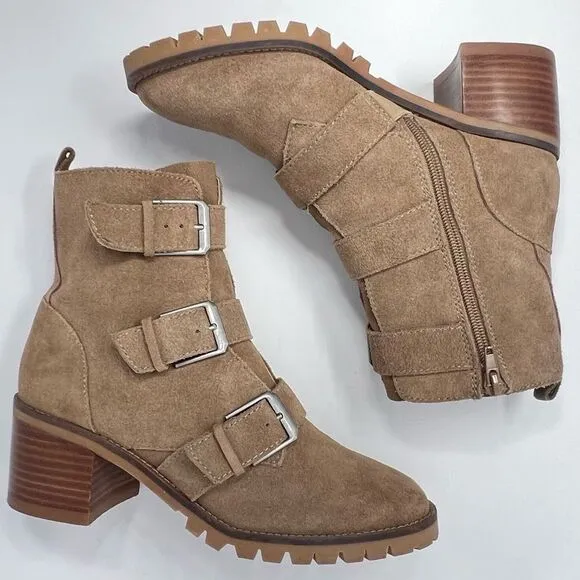 Crown Vintage Asisa Tan Suede Leather Triple Buckle Straps Moto Ankle Boots Sz 8