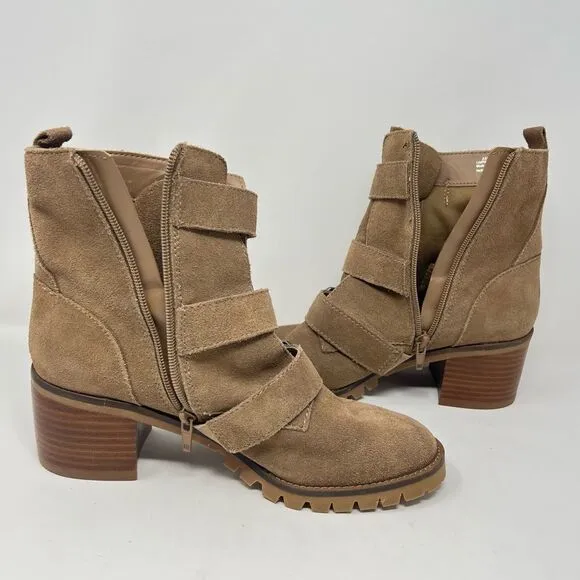 Crown Vintage Asisa Tan Suede Leather Triple Buckle Straps Moto Ankle Boots Sz 8