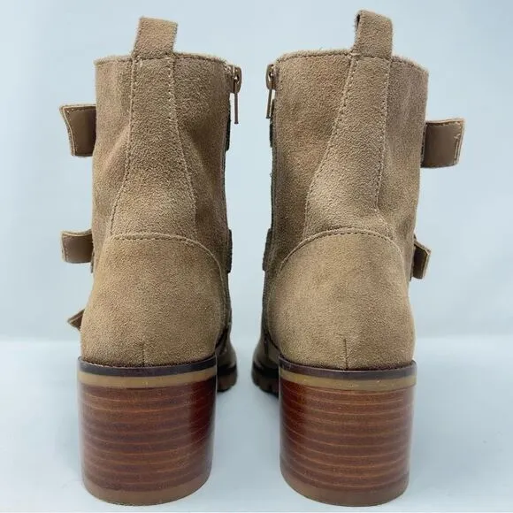 Crown Vintage Asisa Tan Suede Leather Triple Buckle Straps Moto Ankle Boots Sz 8
