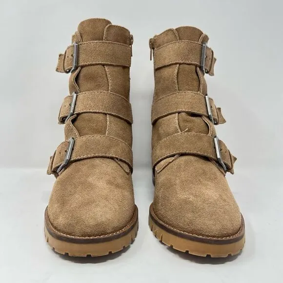 Crown Vintage Asisa Tan Suede Leather Triple Buckle Straps Moto Ankle Boots Sz 8