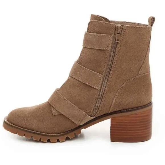 Crown Vintage Asisa Tan Suede Leather Triple Buckle Straps Moto Ankle Boots Sz 8