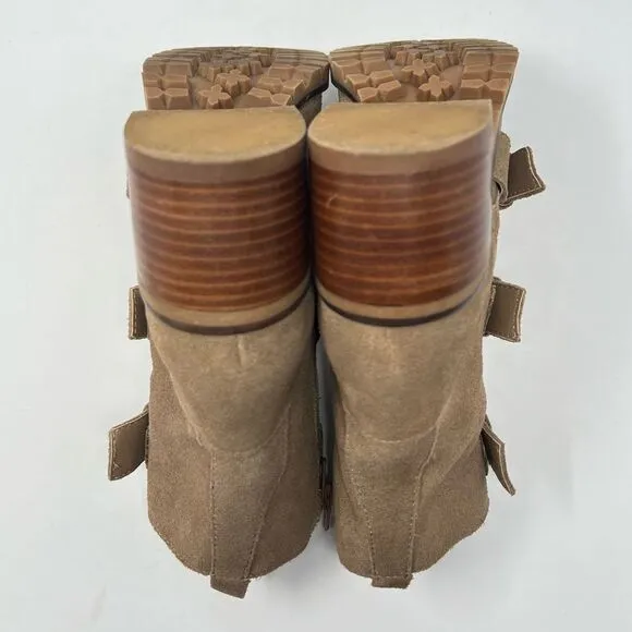 Crown Vintage Asisa Tan Suede Leather Triple Buckle Straps Moto Ankle Boots Sz 8