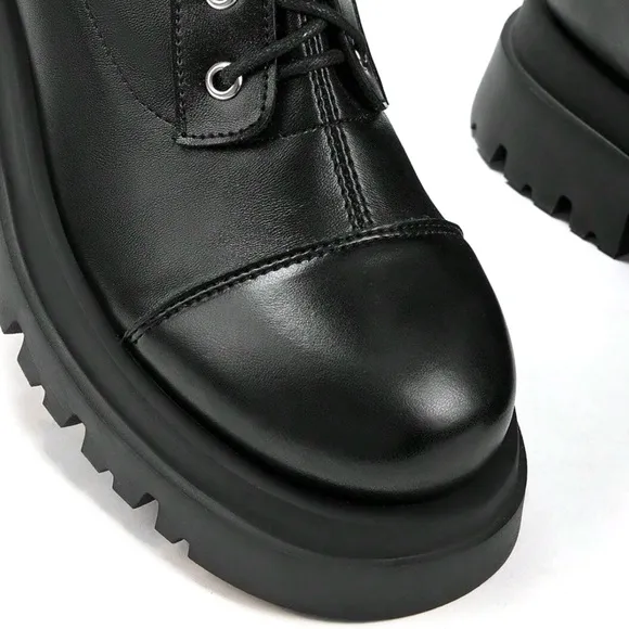CUCCOO • Black Buckle Decor Lace-Up Front Combat Boots For Summer Punk Sorceress