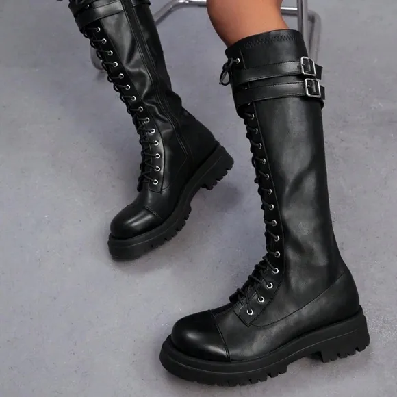CUCCOO • Black Buckle Decor Lace-Up Front Combat Boots For Summer Punk Sorceress