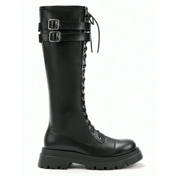 CUCCOO • Black Buckle Decor Lace-Up Front Combat Boots For Summer Punk Sorceress