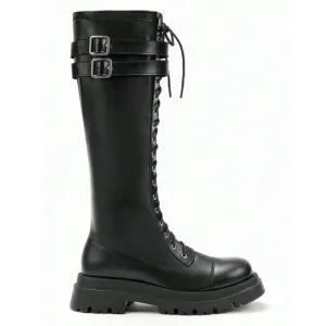 CUCCOO • Black Buckle Decor Lace-Up Front Combat Boots For Summer Punk Sorceress