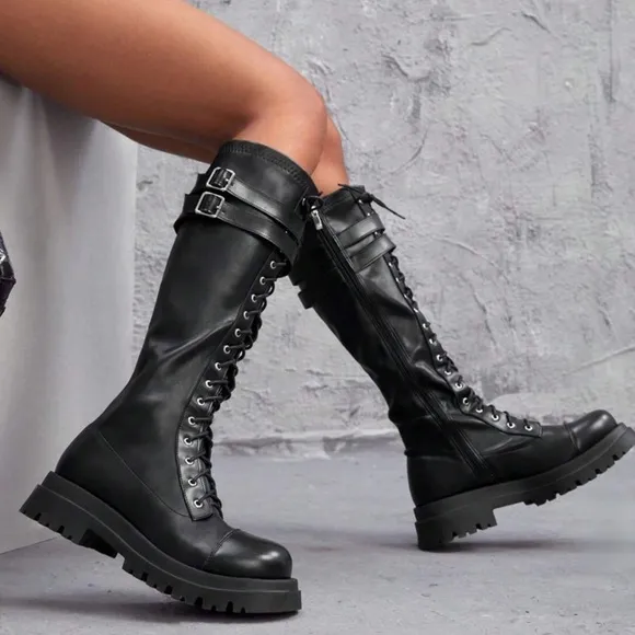 CUCCOO • Black Buckle Decor Lace-Up Front Combat Boots For Summer Punk Sorceress