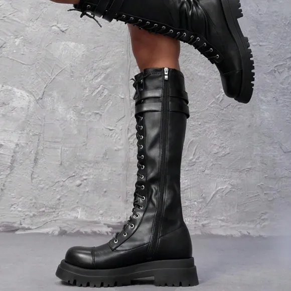 CUCCOO • Black Buckle Decor Lace-Up Front Combat Boots For Summer Punk Sorceress