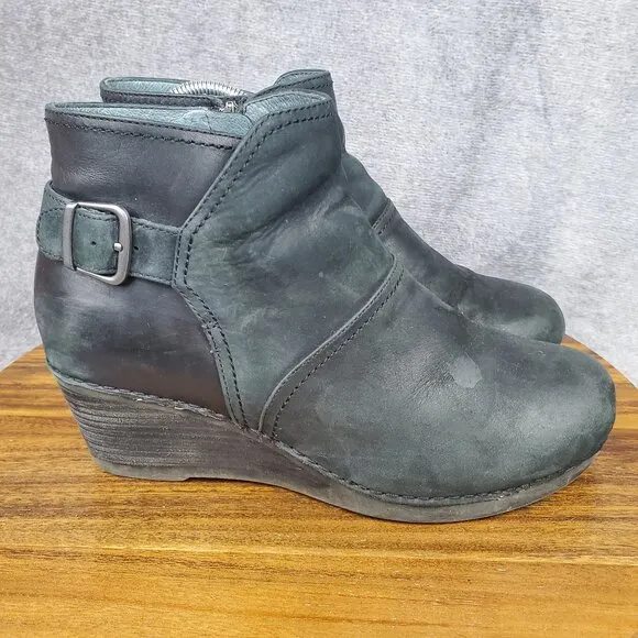 Dansko Boots Womens 10.5 41 Black Nubuck Leather Shirley Zip Wedge Ankle Booties