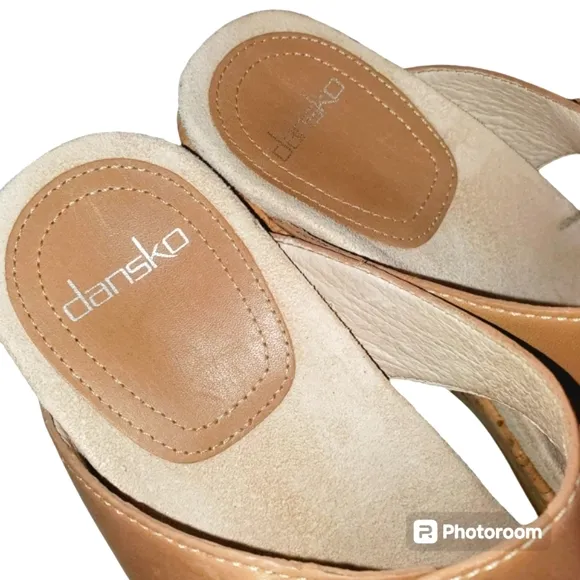 DANSKO Carla Tan Wedge Cork Leather Adjustable Strap Slide-on Sandal‎ Wom…