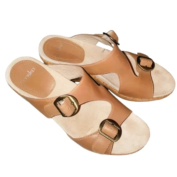 DANSKO Carla Tan Wedge Cork Leather Adjustable Strap Slide-on Sandal‎ Wom…