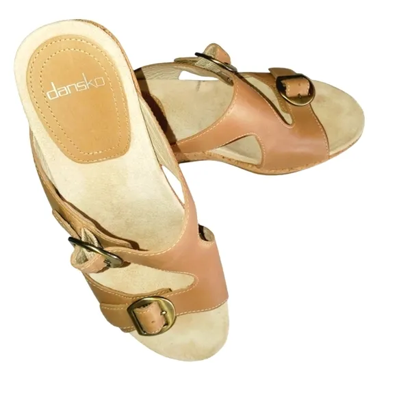 DANSKO Carla Tan Wedge Cork Leather Adjustable Strap Slide-on Sandal‎ Wom…