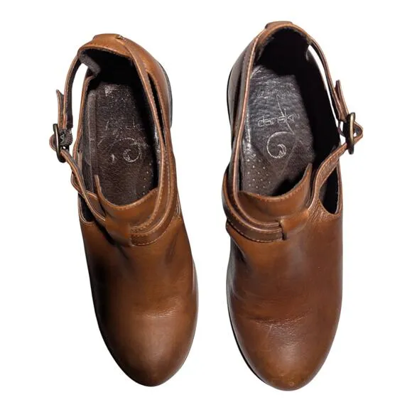 Dansko Franka Cognac Brown Leather Wooden Heel Clog Ankle Boots EU 38 US 7.5