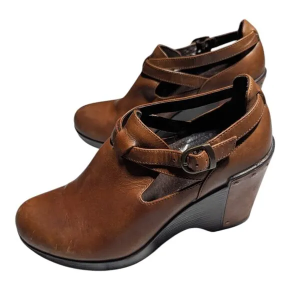 Dansko Franka Cognac Brown Leather Wooden Heel Clog Ankle Boots EU 38 US 7.5