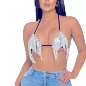 Dazzling Rhinestone Embellished Black Triangle Cascading Bikini Top Bralette