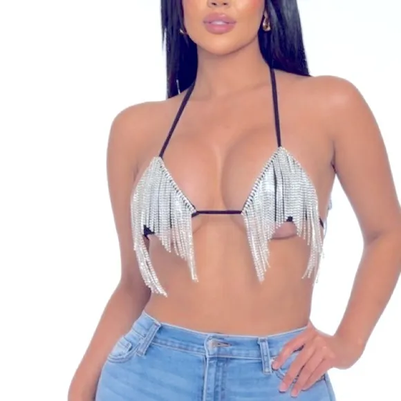 Dazzling Rhinestone Embellished Black Triangle Cascading Bikini Top Bralette