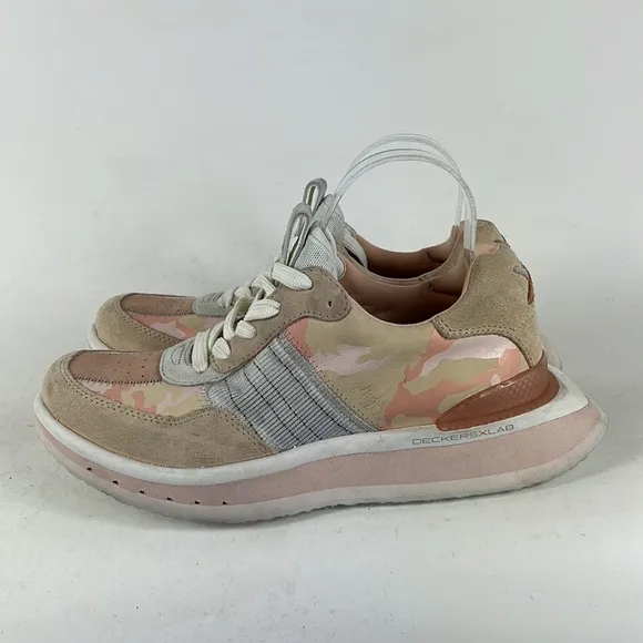Deckers x Lab pink white waterproof athletic platform running shoes women’s 8
