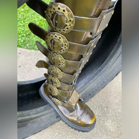 DEMONIA Steam-30 Metal Plates Bronze Leather Steel-toe Steampunk Boot Size 8