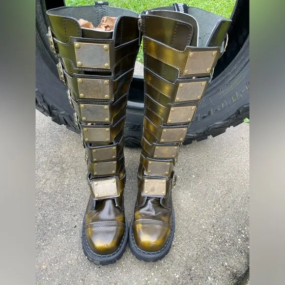 DEMONIA Steam-30 Metal Plates Bronze Leather Steel-toe Steampunk Boot Size 8