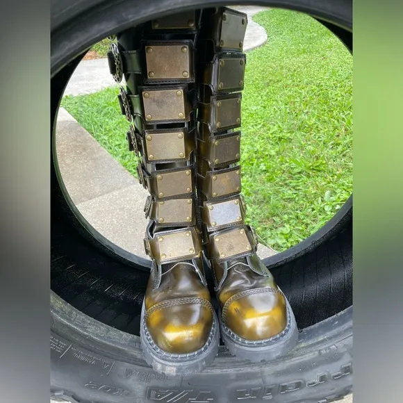 DEMONIA Steam-30 Metal Plates Bronze Leather Steel-toe Steampunk Boot Size 8