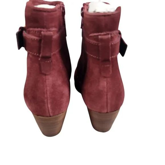 Diba Womens Burgundy Suede Leather Ankle Boots Size 9.5 With Block Heels &amp; Buckl