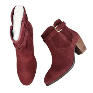 Diba Womens Burgundy Suede Leather Ankle Boots Size 9.5 With Block Heels &amp; Buckl